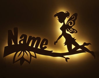 Fairy Gifts Girls Wooden Wall Lamp Night Light Slumber Light Personalized with Name I Gift for Birthday Birth I Battery Operated
