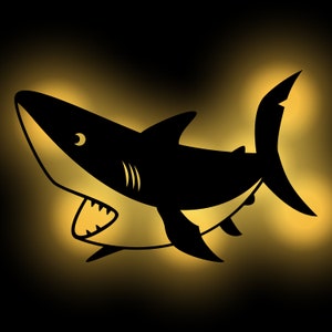 Veilleuse murale LED en bois avec requin I Cadeau pour enfants et adultes I Fonctionne avec piles