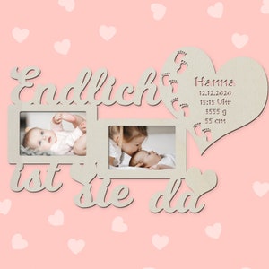 Picture frame for baby photos personalized with name & birth date for girls for birth baby gifts I 15 x 10 cm photos