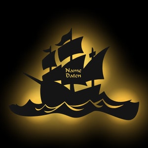 Luce notturna nave pirata personalizzata con nome I Lampada da parete in legno per cameretta | Regalo per ragazzi e ragazze I Funziona a batteria