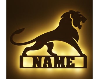 Lion Lamp Lion Wall Light Night Light Personalized with Name I Wood Birth Gifts for Children, Adults & Babies I Battery Operation