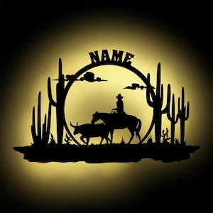 LED Cowboy Landscape Wall Lamp Night Light Personalized + Name I Gift for Adults & Kids I Battery Operation