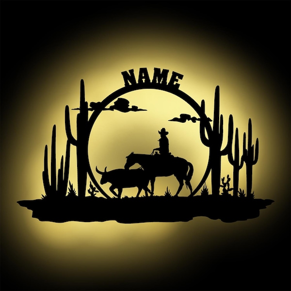 LED Cowboy Landschaft Wand Lampe Nachtlicht personalisiert + Namen I Geschenk für Erwachsene & Kinder I Batteriebetrieb