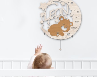 Personalized wooden bear on moon night light | Nursery lamp with name | Warm white or RGB LED with remote control | Baptism & birth