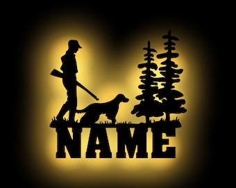 Jäger Deko Holz Wand Lampe Nachtlicht Schlummerlicht personalisiert mit Namen I Geschenk für Jung & Alt I Batteriebetrieb