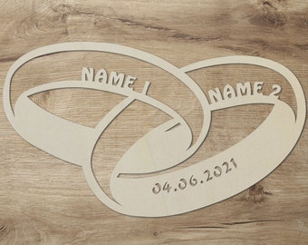 Ringe Deko Schild Namensschild Türschild Holz personalisiert mit 2 Namen und Datum I Geschenke zur Hochzeit Hochzeitstag I Farbe LED I