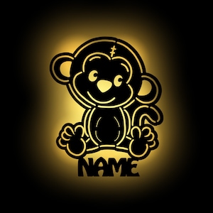 Drewniana dekoracyjna kinkiet z tkaniny małpy, lampka nocna, spersonalizowana z imieniem I prezenty dla fanów małp, Zasilana bateryjnie