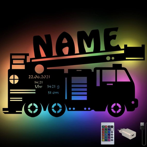 Lampe LED Murale Camion Pompier Bois - Personnalisable Avec Prénom - Veilleuse Enfant