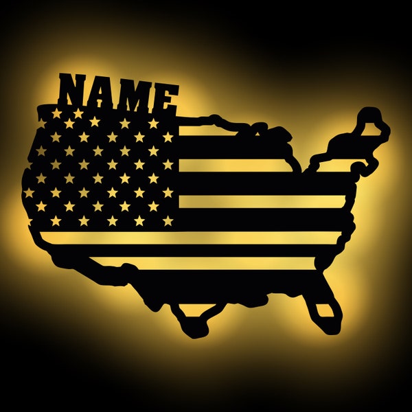 LED USA Flagge Holz Deko Wand Lampe Nachtlicht Schlummerlicht personalisiert mit Namen I Geschenke für US I Batteriebetrieben