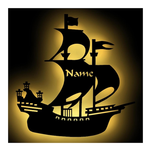 LED Pirate Ship Wooden Wall Lamp Night Light Snooze Light Personnalisé avec Nom I Cadeau pour garçons et filles I Batterie Alimenté