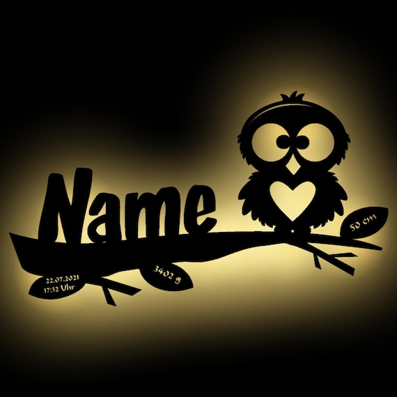 Babygeschenke personalisiert Eule Holz Wand Mond Lampe mit Namen I Geschenk zur Geburt Taufe für Junge & Mädchen I Batteriebetrieb