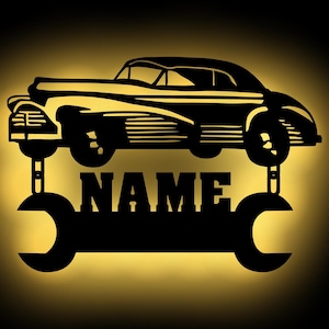 Car wooden wall lamp decorative light personalized with name I gift for car mechanic mechatronics workshop I battery operated