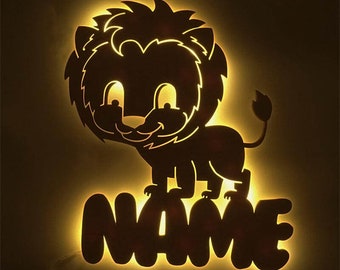 Lampe de lion lumière lumière nuit lumière de nuit personnalisée avec nom I en bois cadeaux pour la naissance pour enfants & Babys I batterie