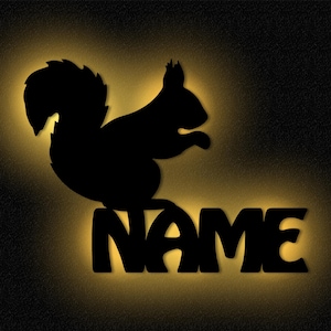 LED Squirrel Wooden Wall Lamp Night Light Slumber Light Personalized with Name I Gift for Boys & Girls I Battery Powered