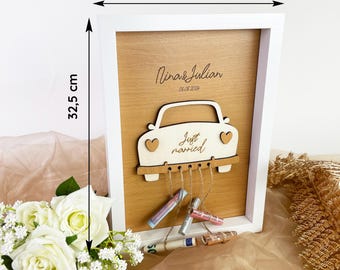 Gepersonaliseerde trouwfotolijst "Just Married" auto - geldgeschenk voor bruiloften met namen en datum, huwelijkscadeau voor bruidsparen