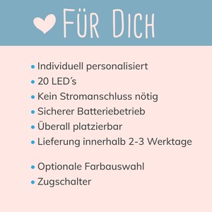 May include: A pink and blue graphic with the text "F&Uuml;R DICH" in white. The graphic lists features of a product, including "Individually personalized", "20 LED's", "No power connection required", "Safe battery operation", "Placeable anywhere", "Delivery within 2-3 business days", "Optional color selection", and "Pull switch".