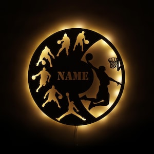 May include: Black and white silhouette of basketball players on a round wooden sign with a light behind it. The sign has the word "NAME" in the center.