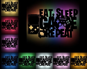 Manger Sleep Game Répéter Gaming Cadeaux Décoration Murale USB Lumière Personnalisée avec Nom Cadeau pour Consoles Gamer Changement de couleur + Télécommande