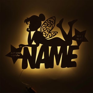 LED Fairy with Stars Wood Wall Lamp Night Light Snooze Light Personalized with Name I Gift for Boys & Girls I Battery Powered