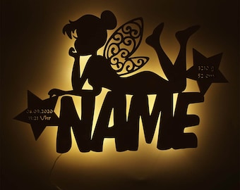 LED Fairy with Stars Wooden Wall Lamp Night Light Slumber Light Personalized with Name I Gift for Boys & Girls I Battery Operated