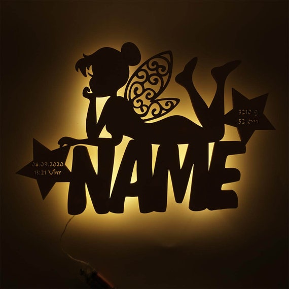 LED Fee mit Sternen Holz Wand Lampe Nachtlicht Schlummerlicht personalisiert mit Namen I Geschenk für Jungs & Mädchen I Batteriebetrieben