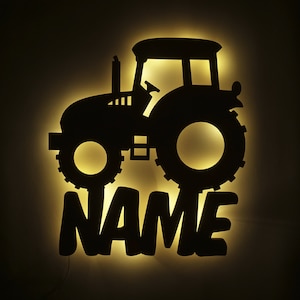 LED Tractor Wood Wall Lamp Night Light Snooze Light Personalized with Name I Gift for Boys & Girls I Battery Powered