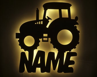 LED Tractor Wood Wall Lamp Night Light Snooze Light Personalized with Name I Gift for Boys & Girls I Battery Powered