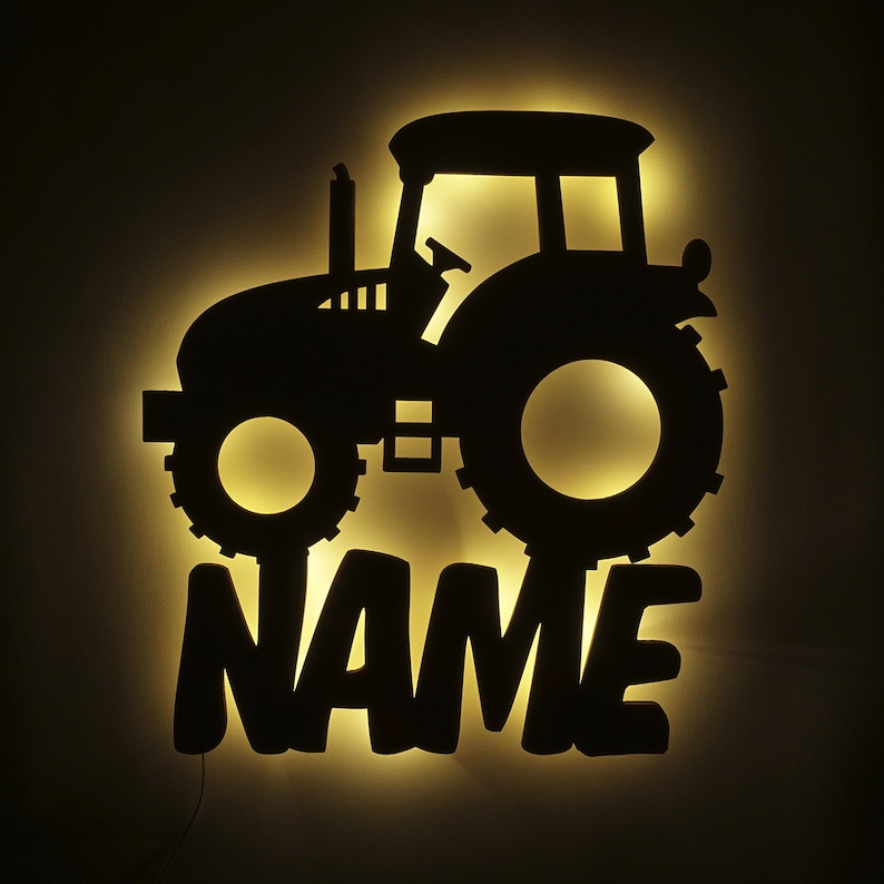 LED Tracteur Wood Wall Lamp Night Light Snooze Light Personnalisé avec Nom I Cadeau pour garçons et filles I Batterie image 1