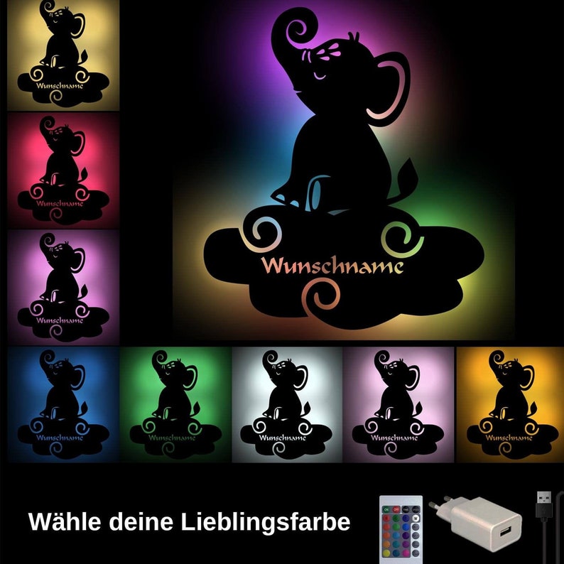 USB Farbwechsel Elefant auf Wolke Holz Wand Lampe Nachtlicht Schlummerlicht personalisiert mit Namen Bild 1