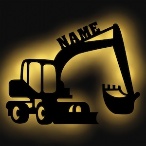 LED excavator wood wall lamp night light slumber light personalized with name I gift for boys & girls I battery operated