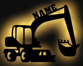 LED excavator wooden wall lamp night light slumber light personalized with name I gift for boys & girls I battery operated