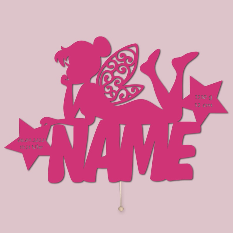 May include: Pink wooden fairy silhouette with a name and birth stats on stars. The fairy is lying on her side with her wings spread out. The name is "NAME" and the stats are "3700 g, 51 cm".