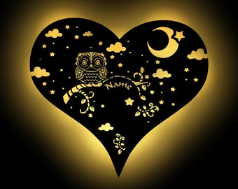 Gufo Cuore Luna Regalo Lampada da parete decorativa in legno Luce notturna Snooze personalizzata con nome I Regalo per ragazzi e ragazze Baby