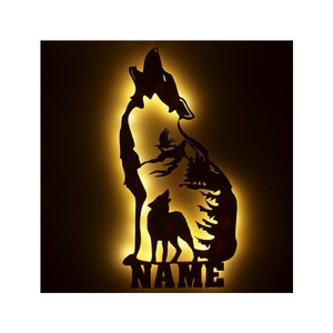 Lampada da parete a forma di lupo, luce notturna personalizzata con nome, regalo di compleanno in legno per bambini, adulti, funzionamento a batteria