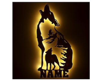 Wolf Wall Light Night Light Personalized with Name I Wood Birthday Gifts for Kids, Adults I Battery Operation