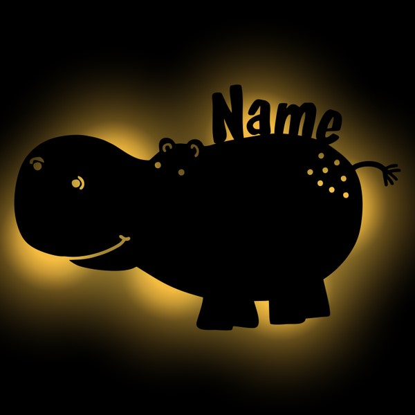 Nilpferd Hippo Lampe Nachtlicht personalisiert mit Namen I Holz Schlummerlicht Geschenk für Kinder zum Geburtstag Geburt I Batteriebetrieben