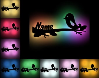 Bird Houten Wandlamp Nachtlampje Houten Teken USB Kleur verandering Snooze Licht Gepersonaliseerd met Naam als Cadeau voor Kinderen Volwassen Baby