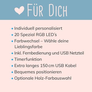 May include: A list of features for a personalized light, including 20 RGB LEDs, color changing options, a remote control, a timer function, a 150 cm USB cable, and optional wood color choices. The text "F&Uuml;R DICH" is at the top of the image.
