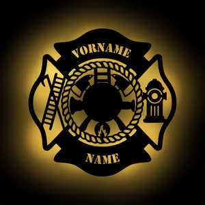 Fire brigade wall decoration wooden lamp decorative light night light personalized with name I Gifts for fire brigade friends I Battery operated