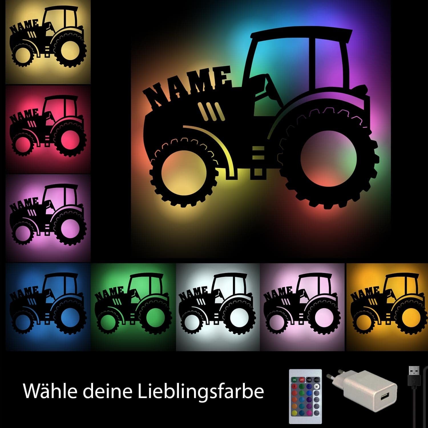 Traktor Holz Wand Lampe Nachtlicht Schlummerlicht personalisiert mit Namen  I Geschenk für Jungs & Mädchen Landwirte Bauern, USB Farbwechsel - .de