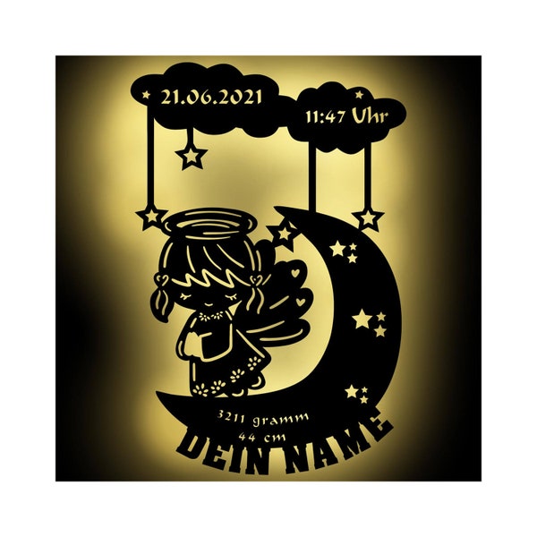 Schutzengel Taufe Holz Wand Lampe Nachtlicht personalisiert mit Namen I Engel Taufgeschenk Geschenk für Jungen & Mädchen I Batteriebetrieb
