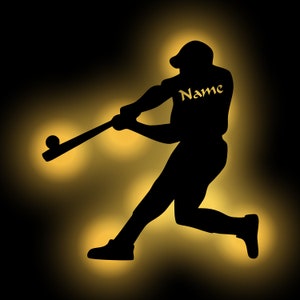Basebolldekoration personlig med namn | Vägglampa i trä | Födelsedagspresentidéer för sportentusiaster | Batteridriven