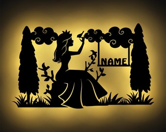 Lampada da parete a LED in legno Principessa nella foresta Luce notturna Luce notturna personalizzata con nome I Regalo per ragazzi e ragazze I Funziona a batteria