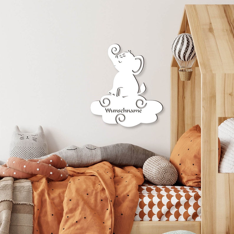 USB Farbwechsel Elefant auf Wolke Holz Wand Lampe Nachtlicht Schlummerlicht personalisiert mit Namen Bild 4