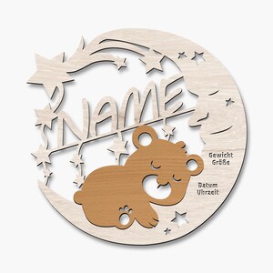 Personalisierbares Nachtlicht Bär auf Mond aus Holz | Kinderzimmer Lampe mit Name | Warmweiß oder RGB LED mit Fernbedienung | Taufe & Geburt Bild 6