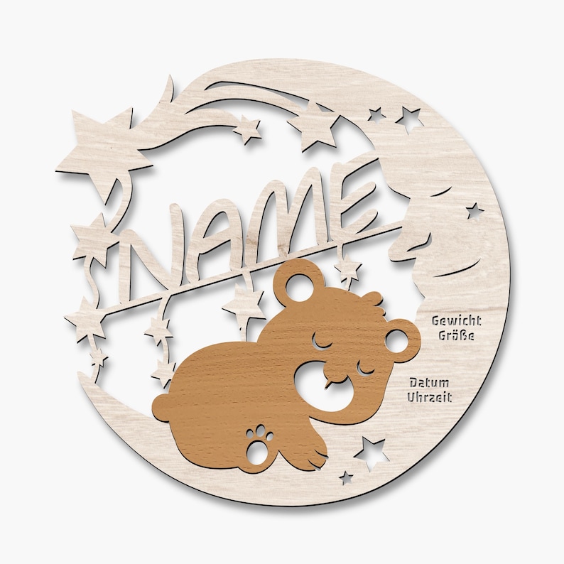 Personalisierbares Nachtlicht Bär auf Mond aus Holz | Kinderzimmer Lampe mit Name | Warmweiß oder RGB LED mit Fernbedienung | Taufe & Geburt Bild 6