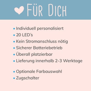 May include: A pink and blue graphic with the text "F&Uuml;R DICH" in white. The graphic lists features of a product, including "Individually personalized", "20 LED's", "No power connection required", "Safe battery operation", "Placeable anywhere", "Delivery within 2-3 business days", "Optional color selection", and "Pull switch".