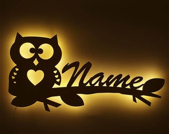 Owl Gift Decoration Wood Wall Lamp Night Light Snooze Light Personalized with Name I Gift for Boys & Girls Baby I Battery Operation