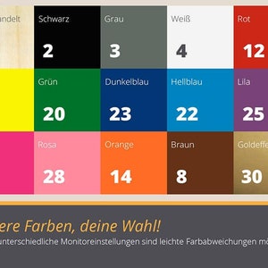 K&ouml;nnte beinhalten: Eine Farbkarte mit 30 verschiedenen Farben, jede mit einer Nummer und einem Namen in Deutsch. Die Farben umfassen Wei&szlig;, Schwarz, Grau, Rot, Gelb, Gr&uuml;n, Blau, Pink, Orange, Braun und Gold.