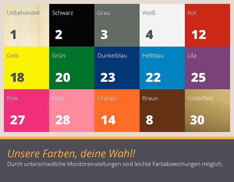 K&ouml;nnte beinhalten: Eine Farbkarte mit 30 verschiedenen Farben, jede mit einer Nummer und einem Namen in Deutsch. Die Farben umfassen Wei&szlig;, Schwarz, Grau, Rot, Gelb, Gr&uuml;n, Blau, Pink, Orange, Braun und Gold.